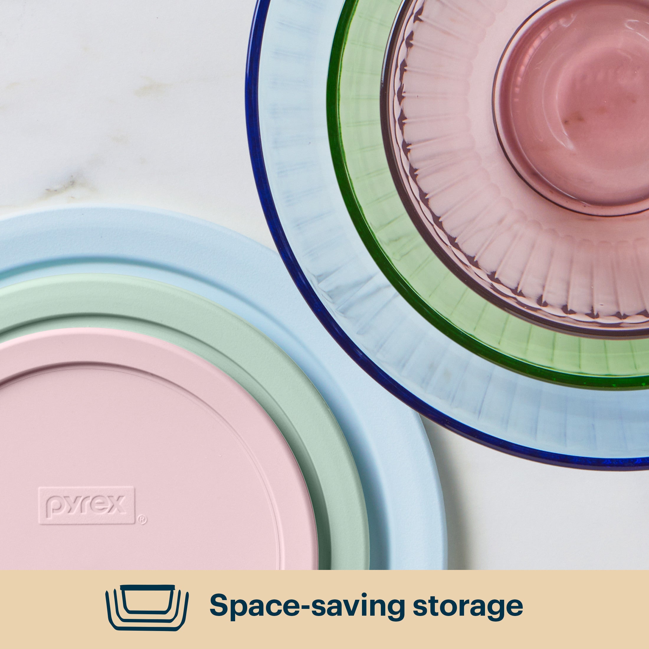 Pyrex® Sculpted Tinted Glass Mixing Bowls with Lids. 6-pc Set. Mixed Colors - Image 5